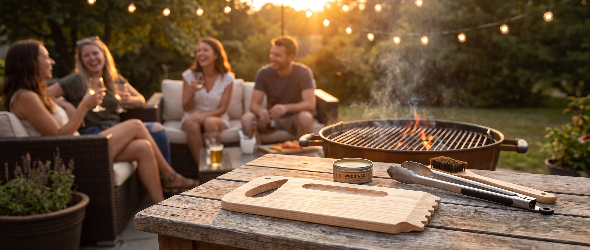 Golden hour backyard patio with smoking charcoal grill and wooden scraper on prep table