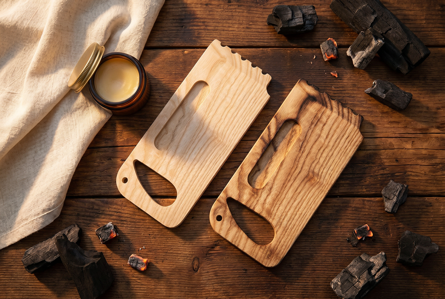 Two wooden grill scrapers with wax tin and linen cloth in a flat lay
