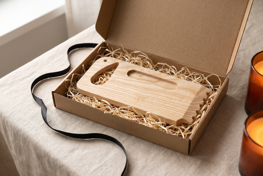 Wooden grill scraper in a kraft gift box with wood wool and ribbon