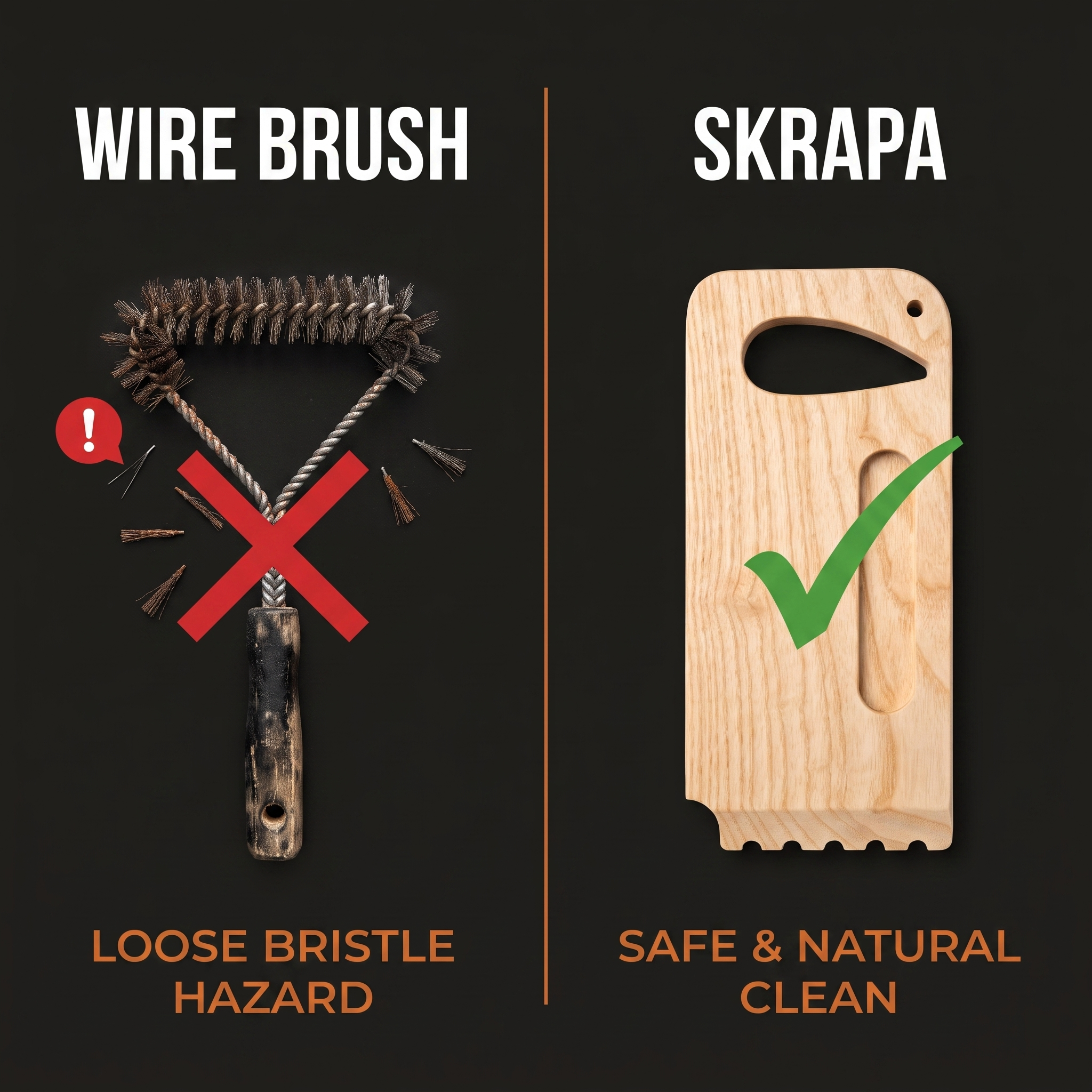 Comparison: wire brush loose bristle hazard versus safe bristle-free Skrapa