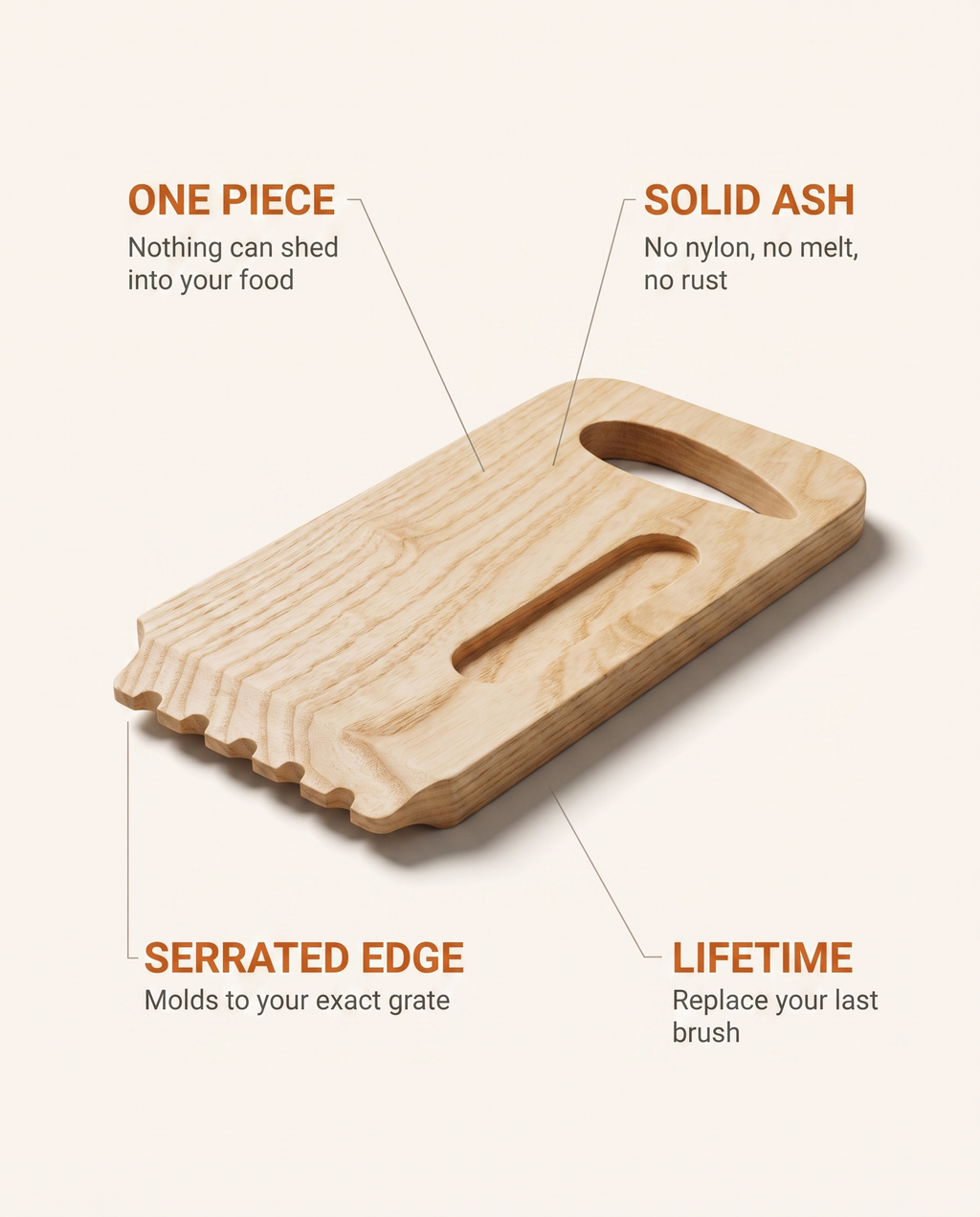 Skrapa features: one piece, solid hardwood, serrated edge, lifetime