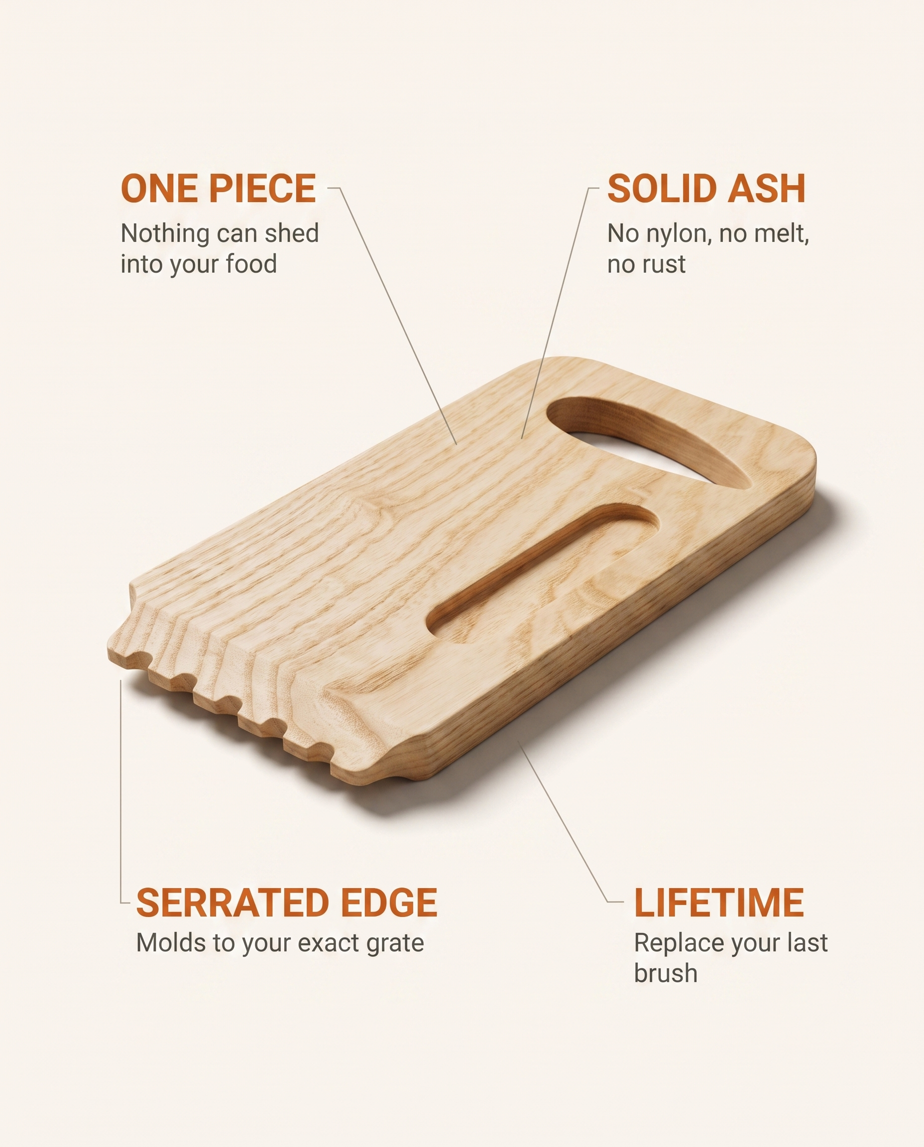 Skrapa features: one piece, solid hardwood, serrated edge, lifetime