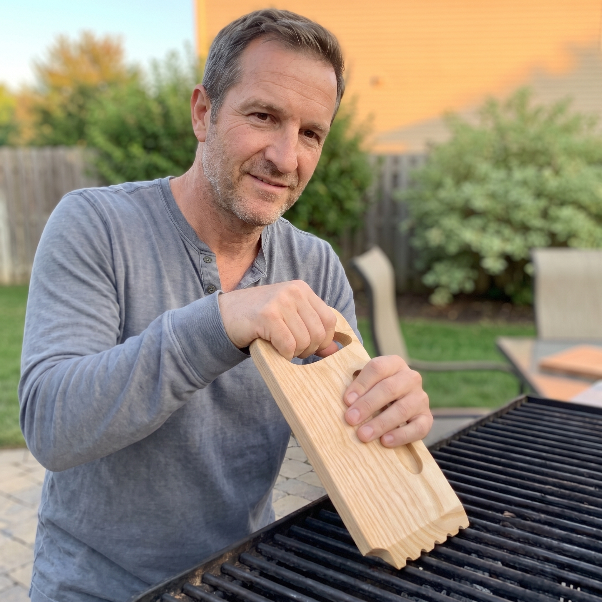 Dad using the Skrapa solid hardwood scraper on his backyard grill, grooves on the bars