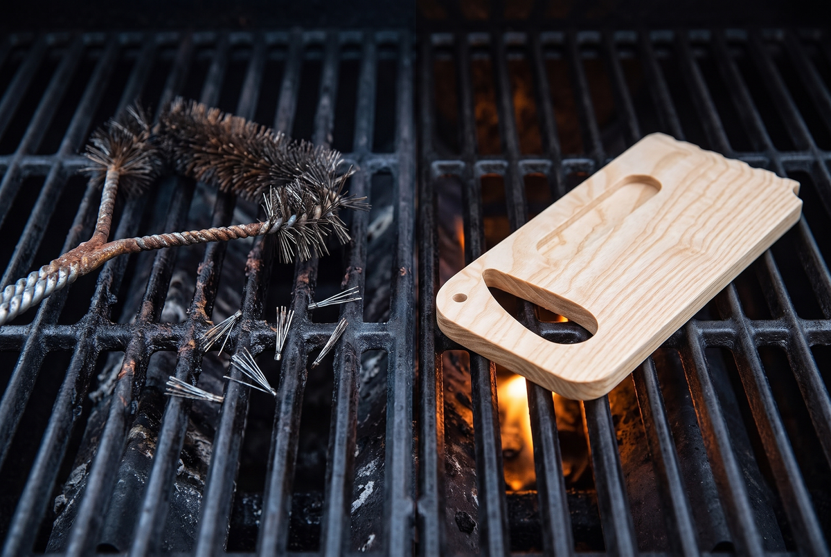 Side by side comparison of a worn wire grill brush shedding bristles onto a grate versus the clean Skrapa wooden scraper