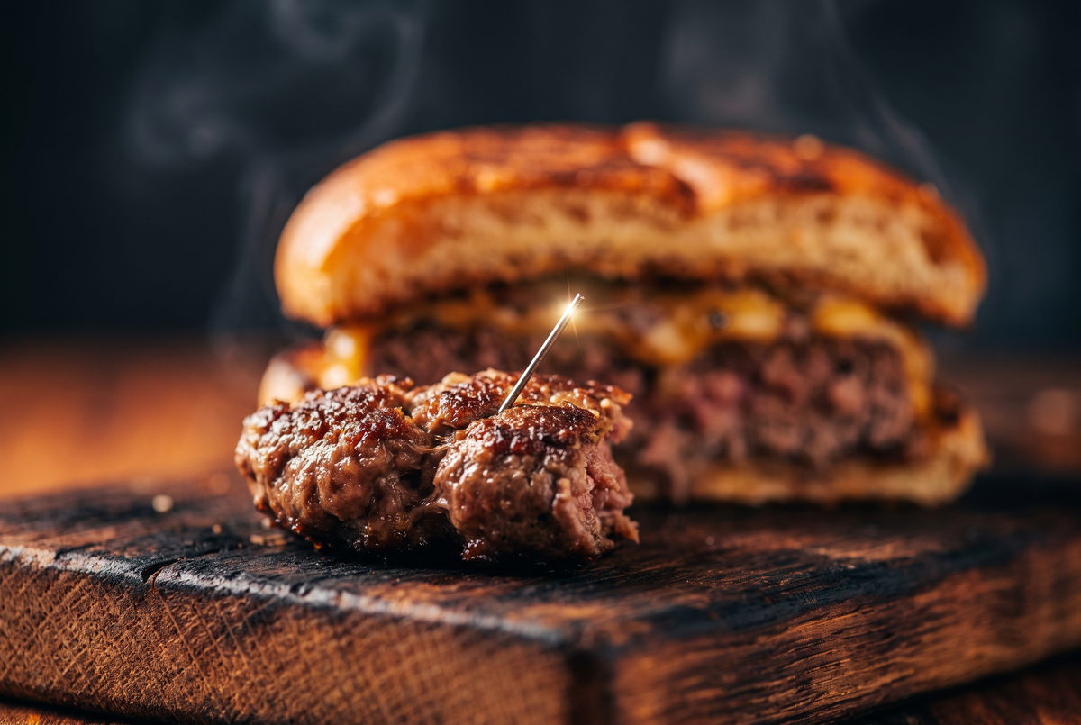 Macro close-up of a thin wire bristle protruding from a grilled burger