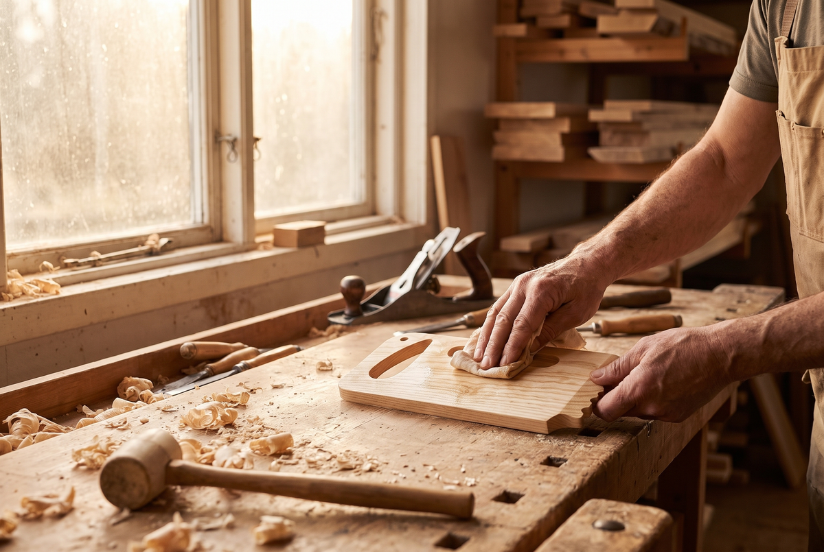 Craftsman hands oiling a wooden grill scraper on a workshop bench